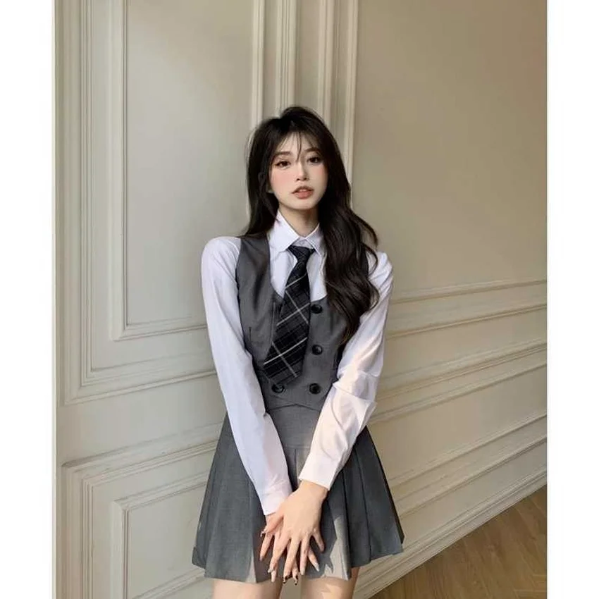 Kawaii Lady School Uniformen Casual Vest Jacket & Shirt & Plooirok & Tie Lange Mouwen School Pak Vrouwelijke College stijl Sets