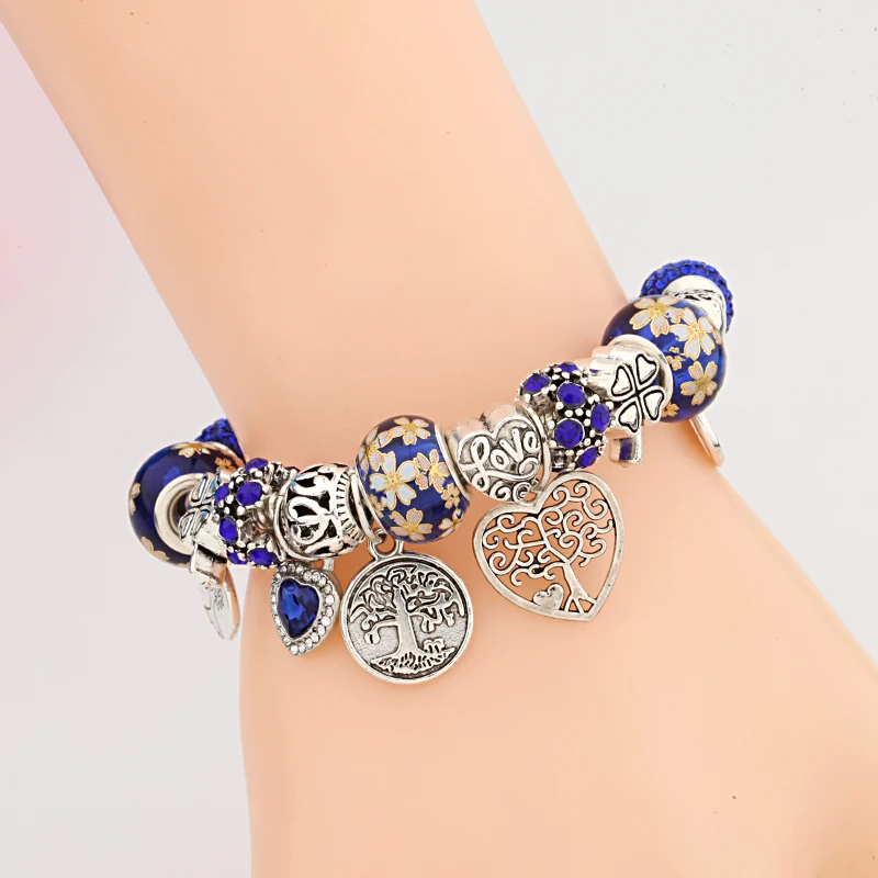 Leabyl Dropshipping Dark Blue Tree of Life DIY Charm Bracelet Silver Color Plant Heart Handmade Bead Bracelet Pulsera Hombre