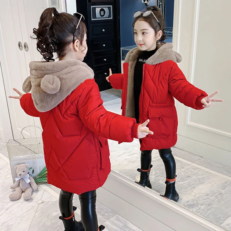 4-12 Year Girls Coat Plus Velvet Warm Winter Jacket For Girls Fashion Long Parkas Snowsuit Cute Bear Hooded Children\'s Outerwear