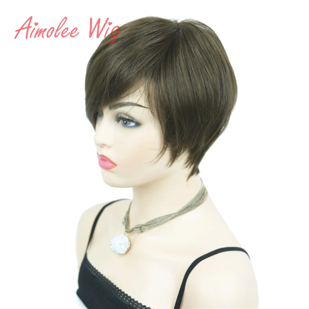 Aimolee Women\'s Wigs Caramel/Brown Asymmetric Inclined Bangs Short Straight Bob Natural Synthetic Wig
