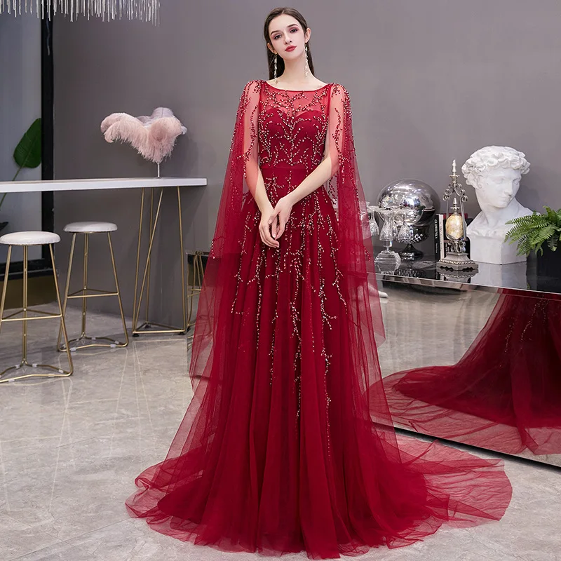 2020 neue Mode Wein Roten Abendkleid Kleider Lange Jewel Kragen EINE Linie Abendkleid Sexy V Zurück robe de soiree