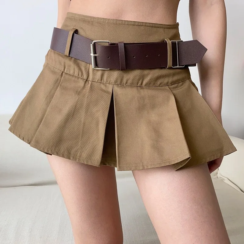 Karrram Casual Brown Pleated Mini Skirt Ladies High Waisted Short Skirts Womens With Belt Korean Fashion 90s Summer Streetwear