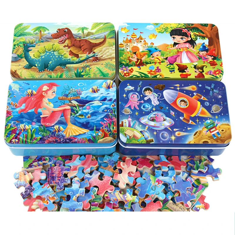 2 Sets Kids 60-piece Wooden Iron Box Puzzle Kindergarten Early Educational Toys 3-6 Years Old Boys and Girls Assembling Building