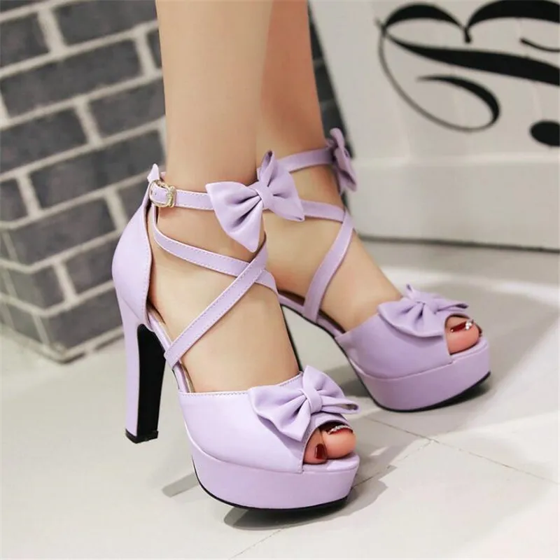 Girls' Shoes Summer Women Sandals Bowtie Wedding Party Shoes Peep Toe Thick Heel Platform Sandals Shoes Woman Pumps 31-43