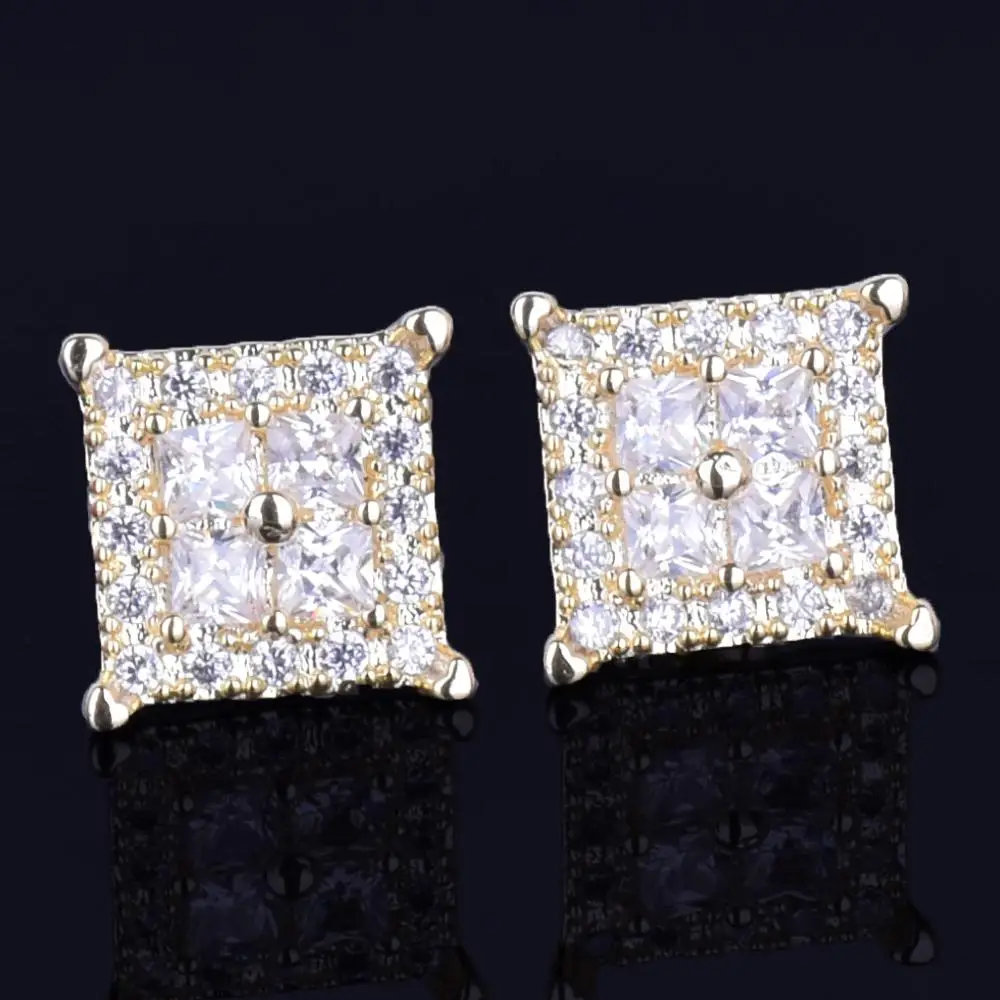 12MM Square Baguette Zircon Stud Earring Silver Color Charm Screw Back Women Men\'s Earrings Fashion Hip Hop Jewelry