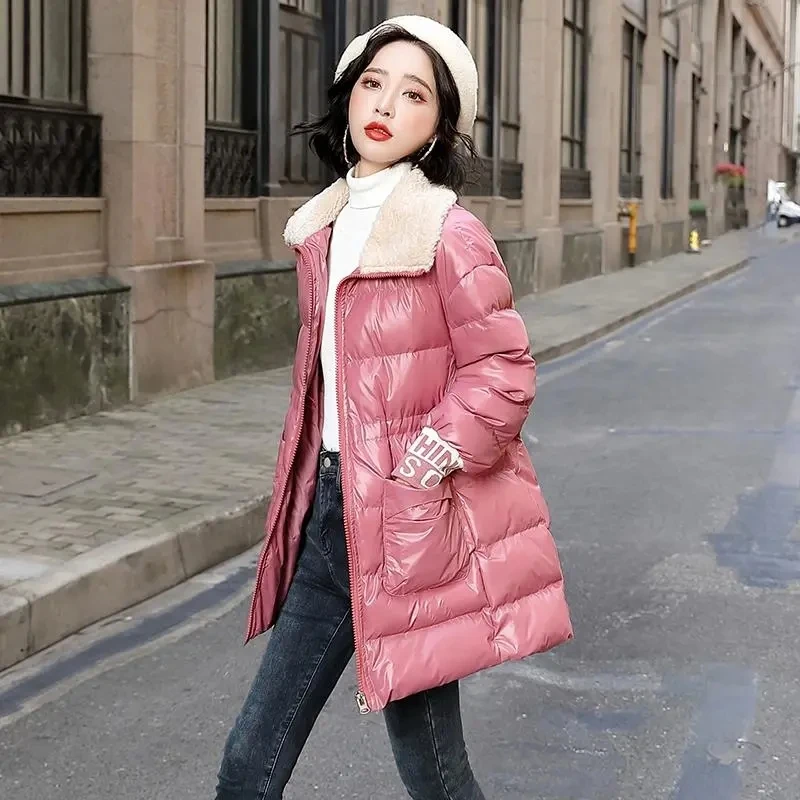 

Female Glossy Down Cotton Coat Winter Thicken Warm Puffer Jacket Lambswool Collar Patchwork Knit Cuff Women Midi Padded Parkas