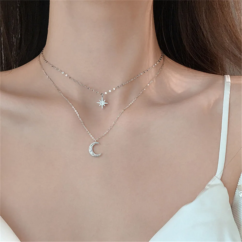 2022 Trend Double Layer Star Moon Pendant Necklace For Women Girl Clavicle Chain Eight-pointed Star Necklace Simple Jewelry Gift