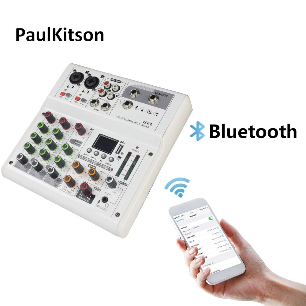 Nieuwe V04 Multifunctionele 4 Kanalen Usb Audio Mixer Met Bluetooth Record Computer Afspelen 48V Phantom Power Vertraging repaeat Effect