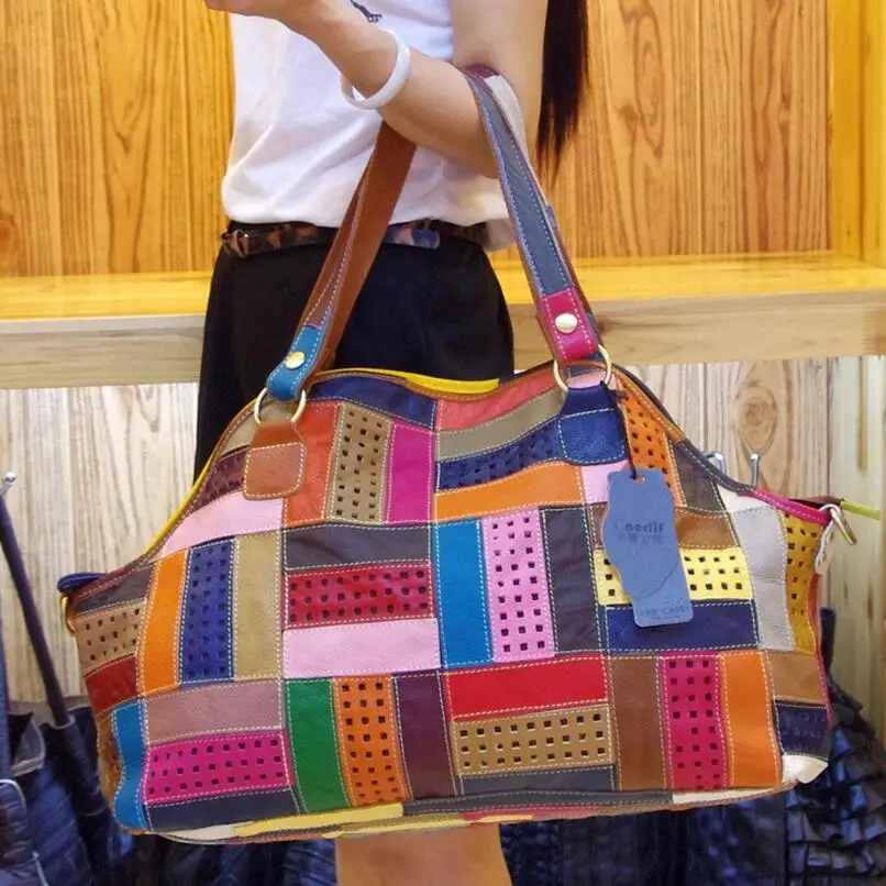 LOMANTINA High Quality Cow Leather Ladies Casual Colorful Patchwork Designer Handbag Randomly Stitching Female Tote For Women