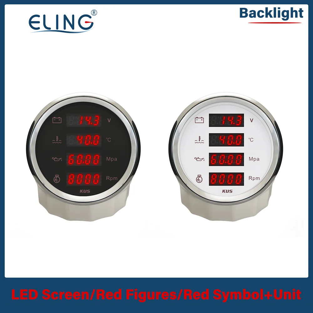 KUS 85 مللي متر مقياس سرعة الدوران 8000 دورة في الدقيقة درجة حرارة الماء الرقمي 25-120 ℃ مقياس الفولتميتر لضغط الزيت 0-1Mpa مع إضاءة خلفية حمراء 12 فولت 24 فولت للقوارب التلقائية #5