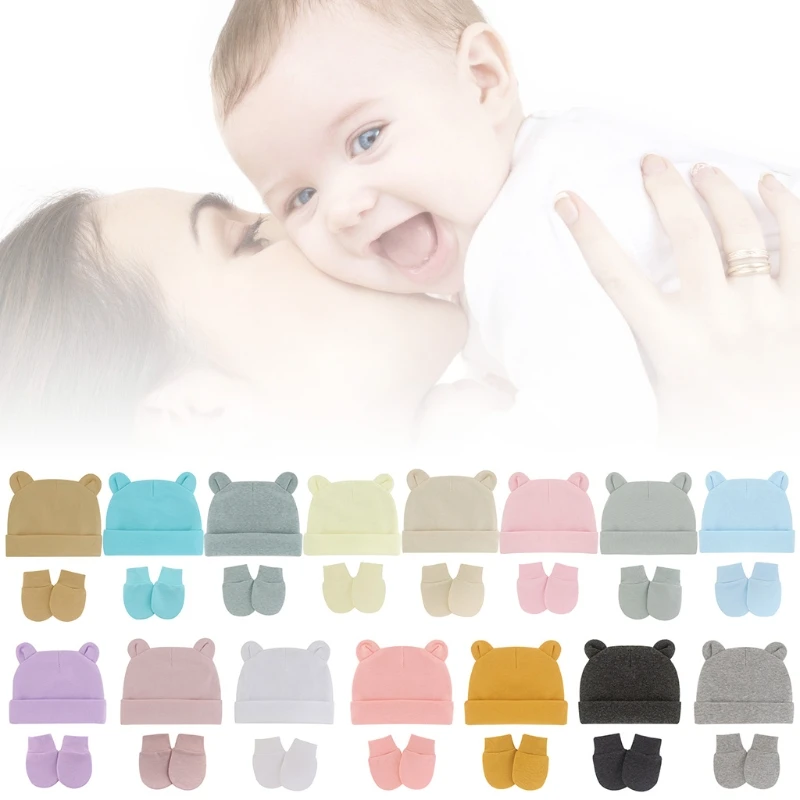 Newborn Baby Cotton Beanies Hospital Hat and Mittens Set Solid Candy Color Stretchy Infant Warm Anti Scratching Gloves 0-1