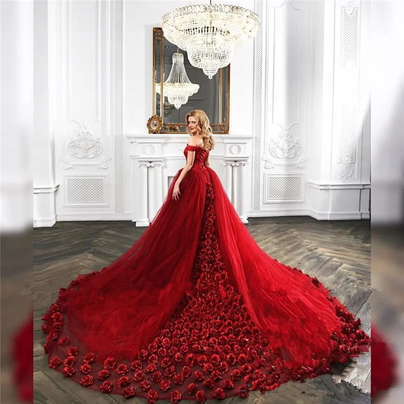 Vermelho 3d floral bola vestido de casamento 2020 fora do ombro mais tamanho feito à mão flores árabe africano vestidos de noiva novia