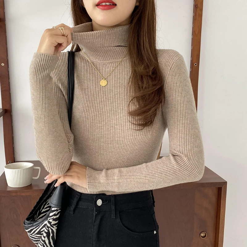 JMPRS Turtleneck Sweater New  Fall Female Knitted Jumper High Elastic Long Sleeve Basic Tops Simple Solid Ladies Sweater