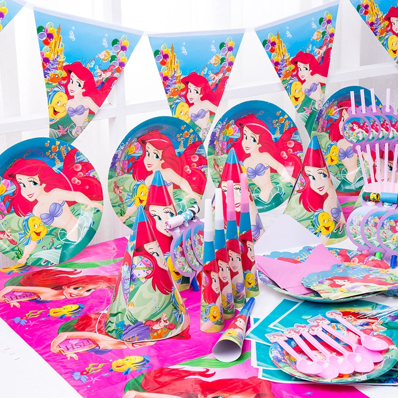 Disney Mermaid Ariel Princess Party Decoration Balloon Disposable Cup Plates Tablecloth Kids Toys Baby Shower Birthday Decor