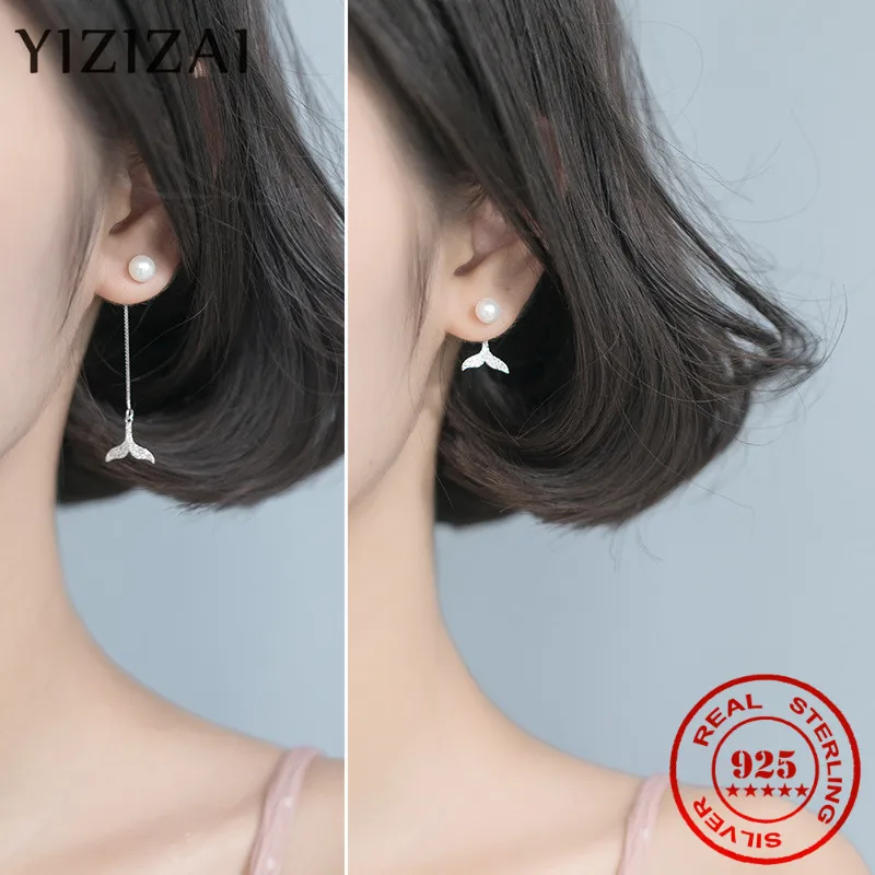 YIZIZAI 925 Sterling Silver Cute Tiny Japanese style Pearl Whale Tail Earrings Women Sweet Mermaid Tail Back Hanging Ear Jewelry