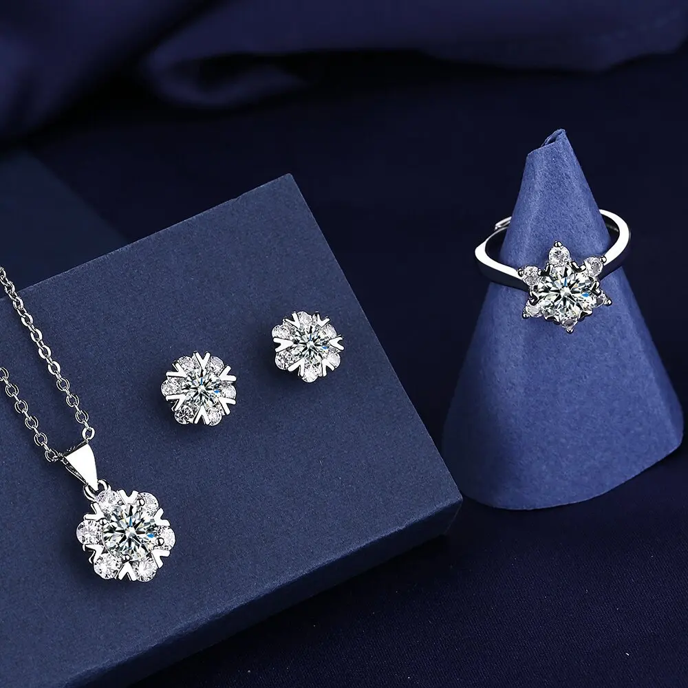 Charm Flower Moissanite Diamond Jewelry set 925 Sterling Silver Party Wedding Rings Earrings Necklace For Women Bridal Sets Gift