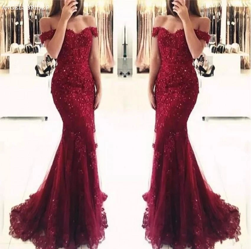 

ANGELSBRIDEP Burgundy Sweetheart Mermaid Prom Dress Vestidos de festa Sexy Off-Shoulder Applique Formal Evening Party Gown Hot