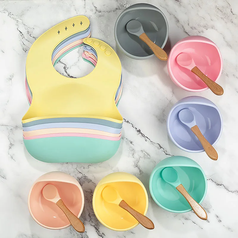 TYRY.HU 1Set Silicone Bib and Bowl Baby Feeding Set Waterproof Spoon Non-Slip BPA Free Silicone Portable Tableware for Childrens