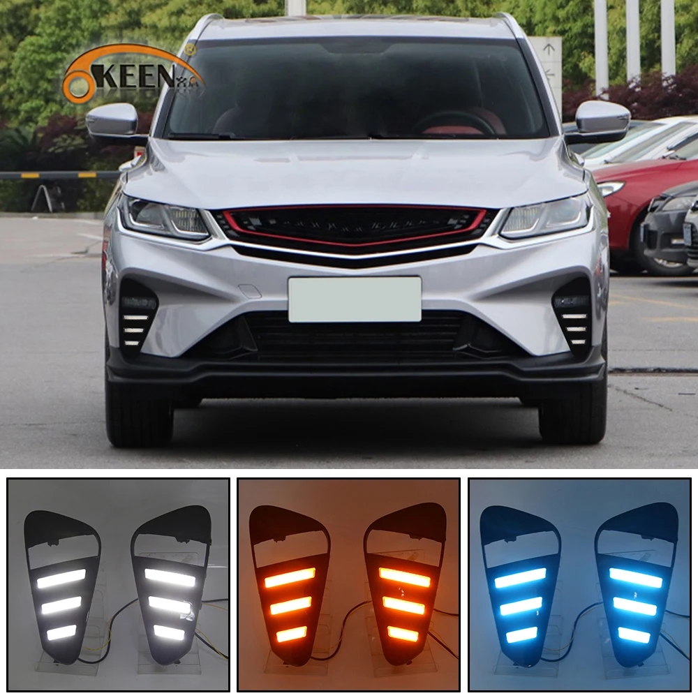 OKEEN 2pcs Car LED Daytime Running Light for Geely Coolray 2019 2020 Day Light White DRL Yellow Turn Signal Light Blue Fog Lamp