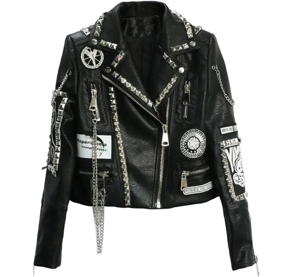 3D Graffiti soft pu leather jackets female cartoon Leather Jacket rivet beading Punk Rock Cropped leather Outerwear F2217