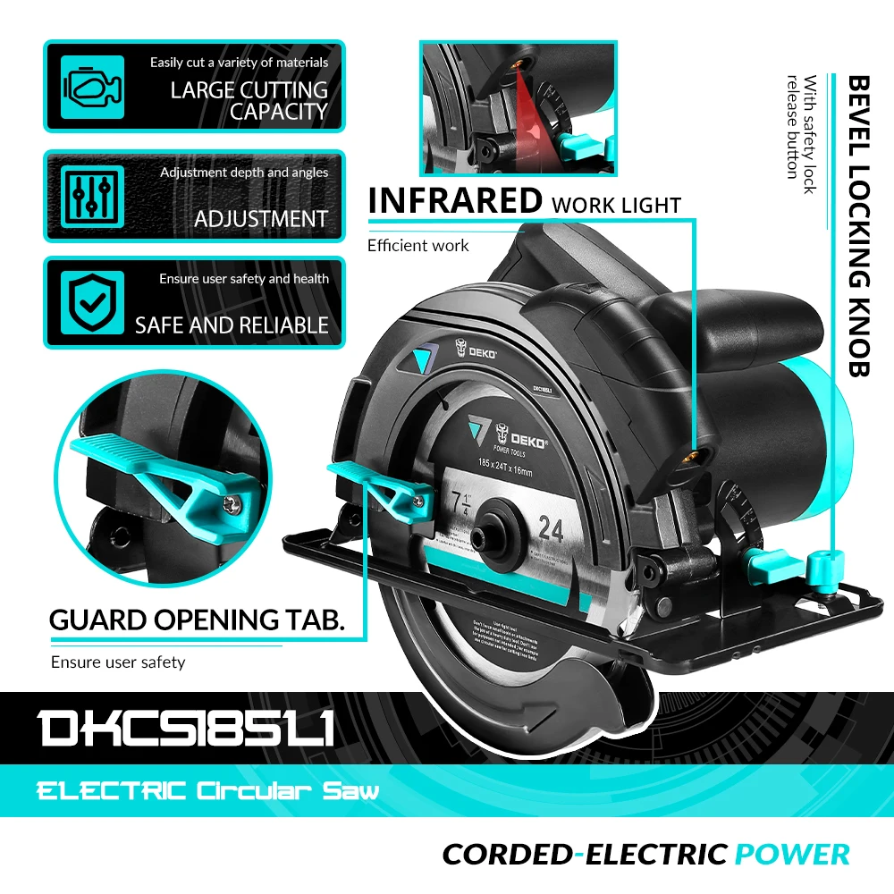 Deko-serra circular elétrica embutida, 185mm/1500w, máquina de corte multifuncional, ferramentas elétricas com cabo auxiliar, guia a laser