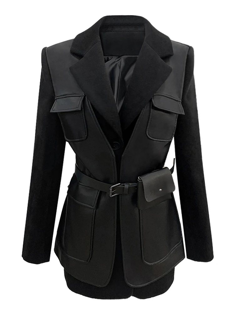 Nerazzurri Autumn Black Wool Blends Patchwork Leather Jacket Women with Many Pockets Long Sleeve Korean Fashion Streetwear 2022