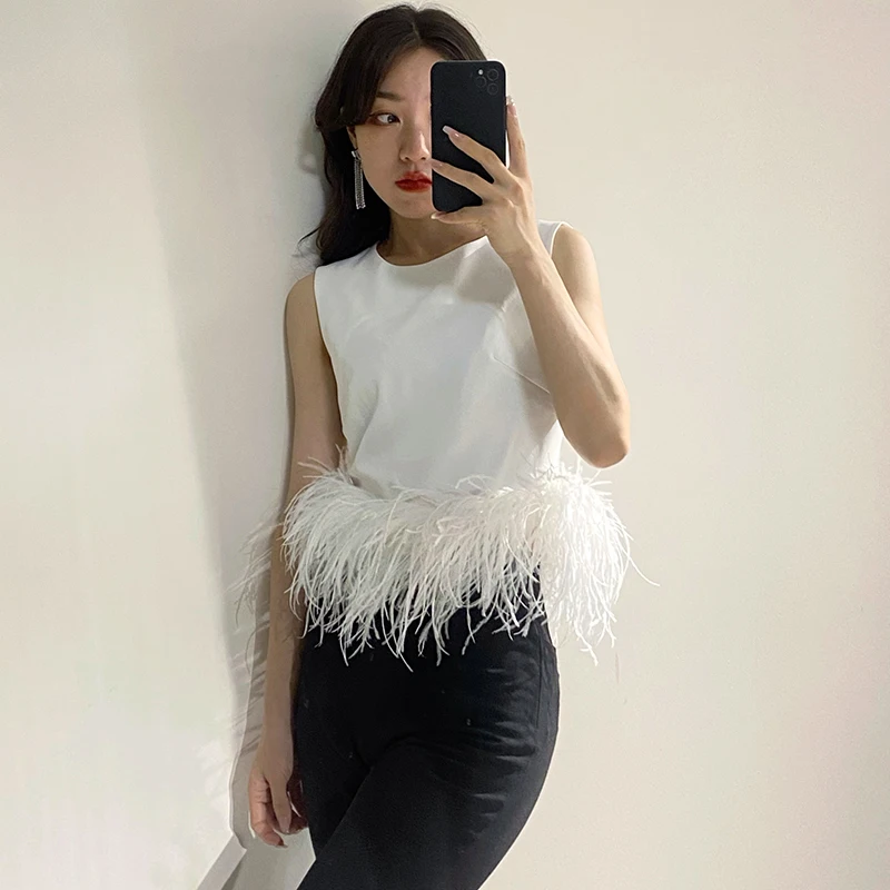 TWOTWINSTYLE Black Patchwork Feathers Korean Fashion Shirt Top Women Round Neck Sleeveless Slim Tops Female 2021 Summer Clothing