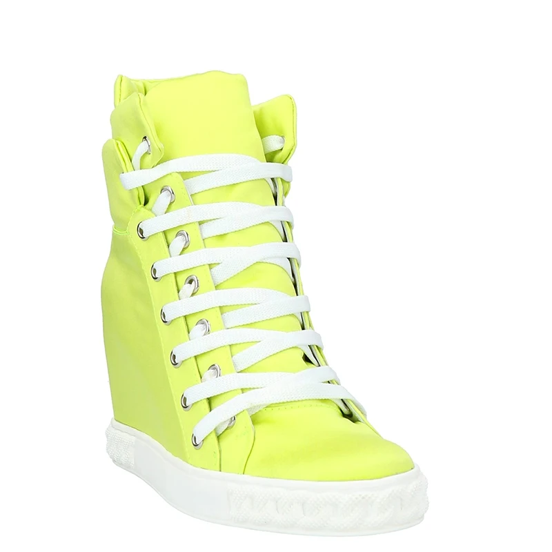 Bright Fluorescein Height Increasing High Top Sneaker Neon Yellow Lace Up Ankle Booties Women Inner Wedge Heel Casual Shoes