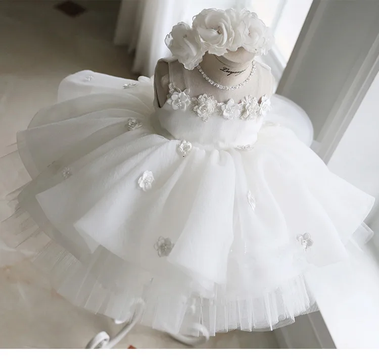 Newborn Baptism Dress For Baby Girl White First Birthday Party Wear 3D Flower Toddler Girl Christening Gown Wedding Vestidos