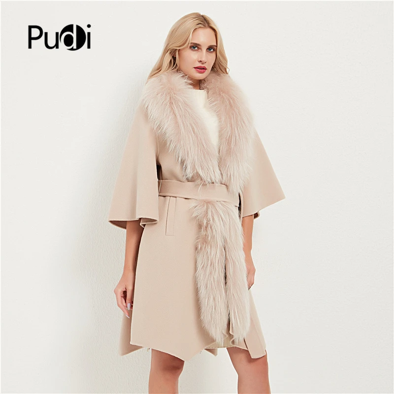 

Pudi Women Real Fur Coat Jacket Female Lady Wool Blends Raccoon Fur Collar Coats Jackets Long Trench CT035