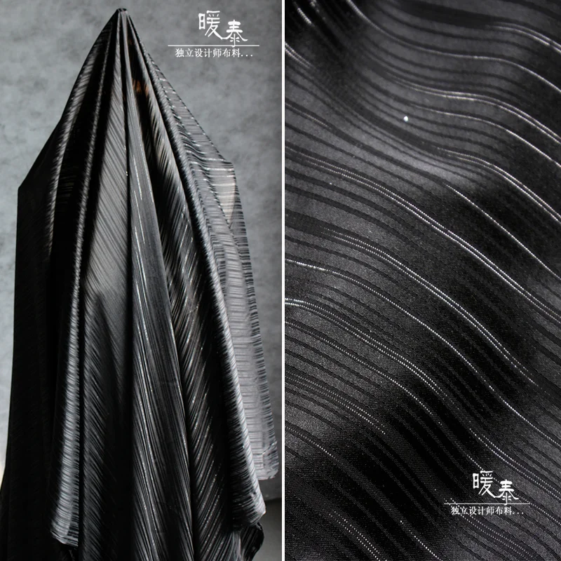 

Black Chiffon Fabric Silver Thread Stripe Texture DIY Patchwork Background Decor Shirt Skirts Dress Clothes Designer Fabric