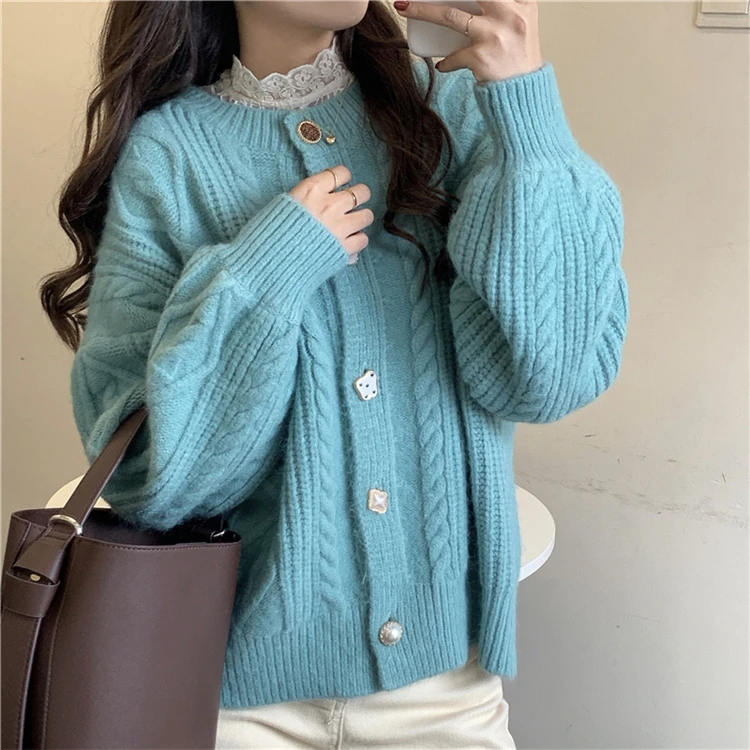 Cardigan Mujer Korean Style Loose Retro Lantern Sleeve Candy Color Twist Cardigan Sweater Coat Women Tops Thick Knitted Sweaters
