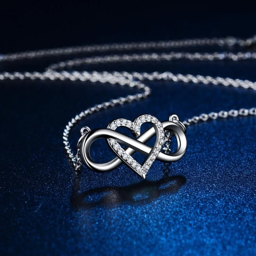 Silver Color Infinity Heart Zirocn Pendant Necklace Rose Gold Color White Crystal Stone Long Necklace Jewelry for Women