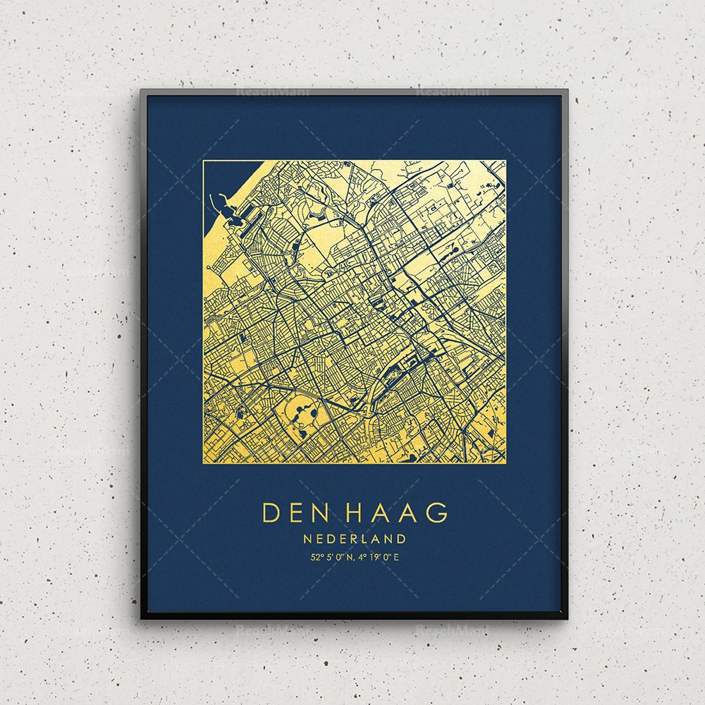 The Hague map printing gold and silver foil printing square city map wall art canvas poster gift Netherlands GoldenGraphy