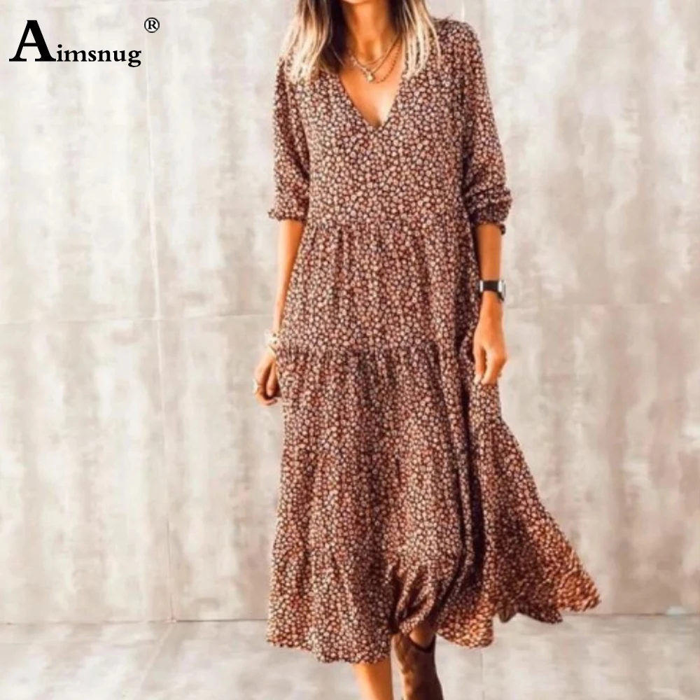 Aimsnug 2022 Summer Ladies Elegant V-neck Mid-Calf Dress Patchwork Bohemian Dresses Plus size 3XL Women Casual Brown Long Dress