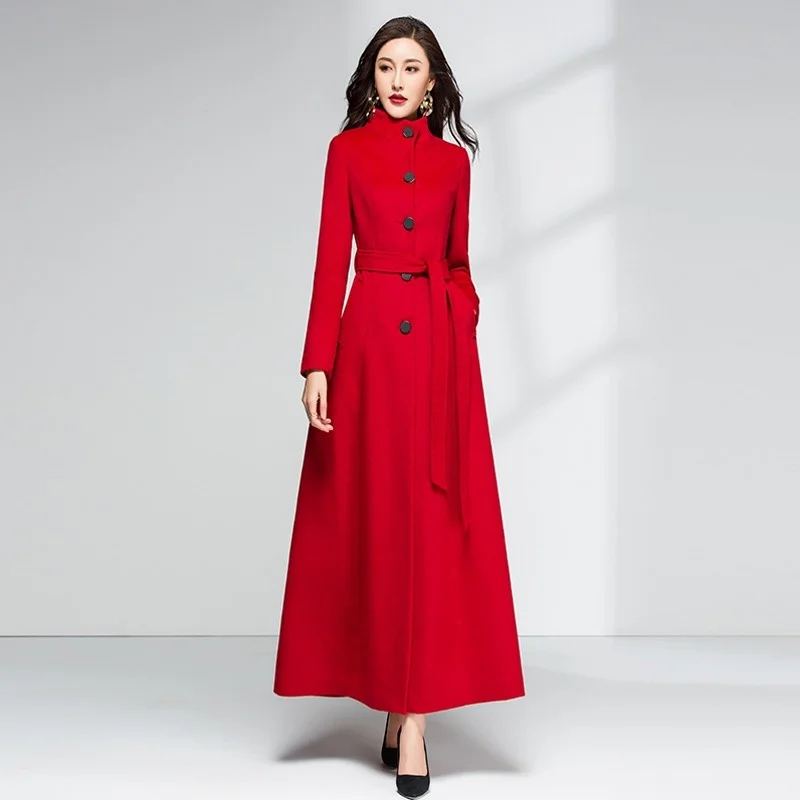 

New Winter Fashion Cashmere Coat Warm Long Slim O-Neck Vintage Single Breasted Pockets Sashes Office Lady Womens Outerwear