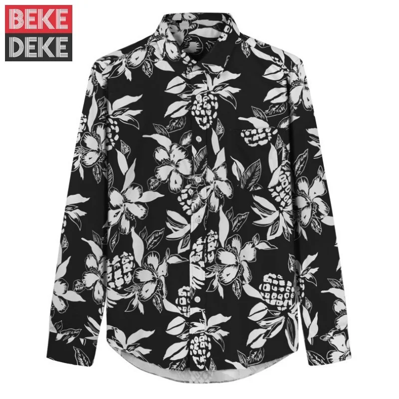 Mens Beach Flowers Shirt Hawaiian Fashion Red Black Long Sleeve Cotton Button Up Tops Lapel Slim Fit Casual Printing Shirts Men