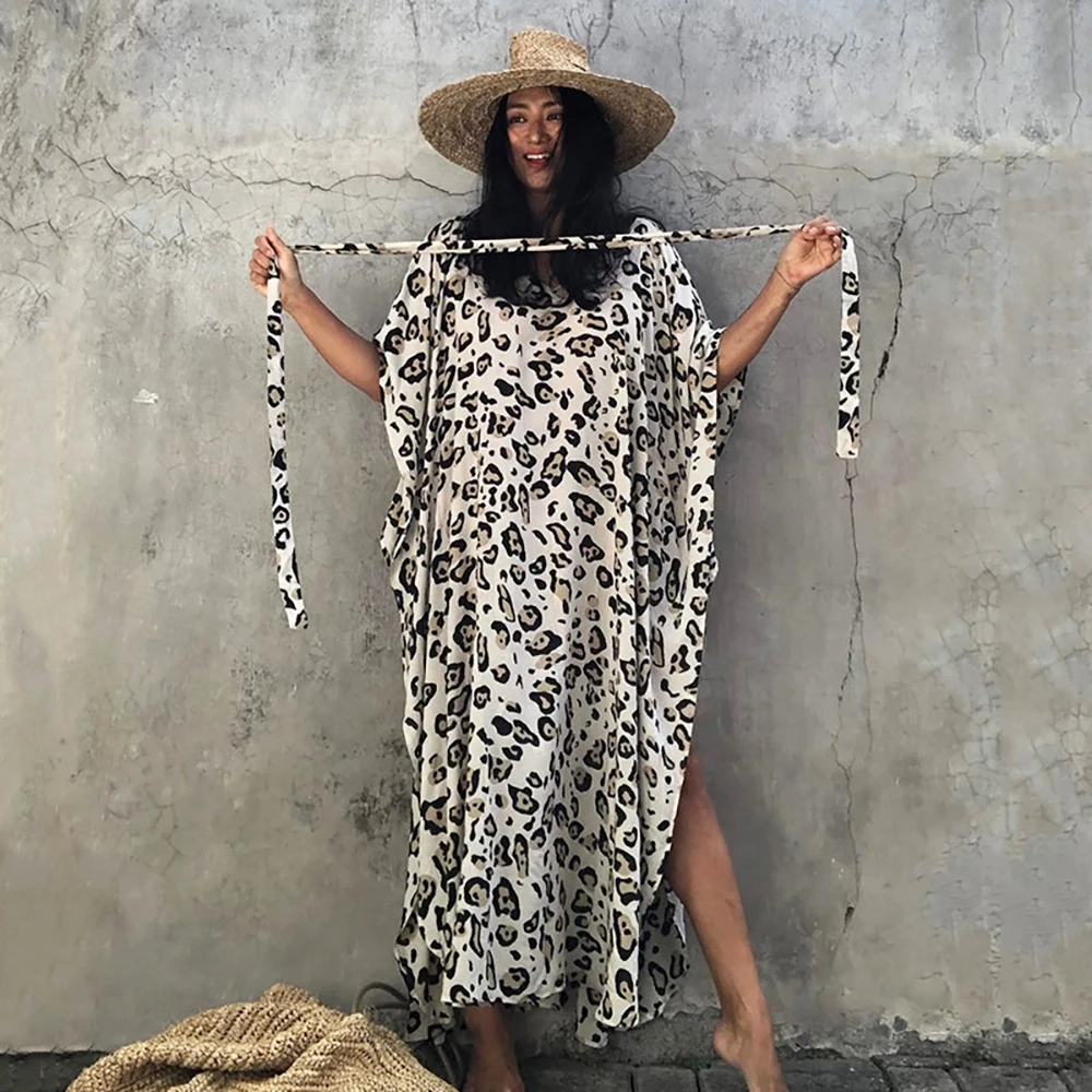 Summer Women Swimsuit Leopard Print Cover Up Long Dresses Beachwear Bikini Tunics Sexy Beach Dress Kimono  Robe