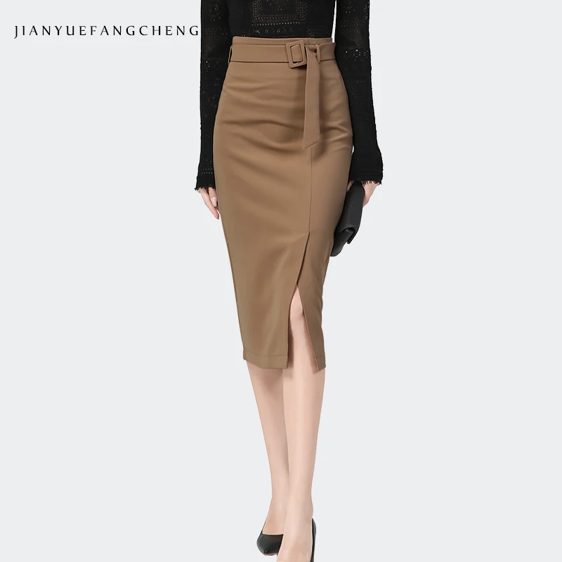 

Office Ladies Solid Pencil Skirt Women High Waist Autumn Winter New Elegant Bodycon Midi Skirts Hem Slit With Adjustable Belt