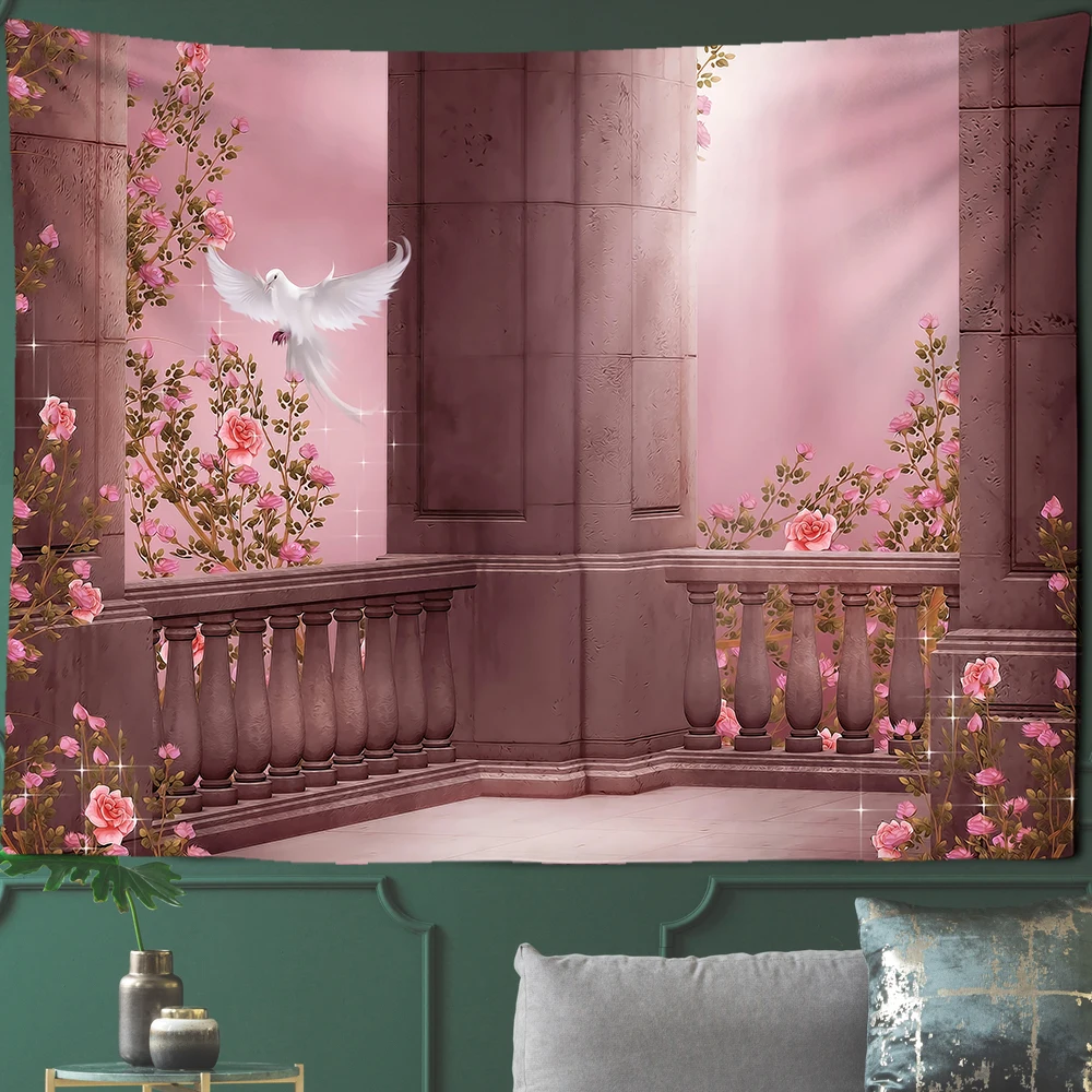 Court Woman Gothic style Architecture Tapestry Art Home Rose Scenery Middle Ages Illustration Pigeons Animals Hanging Wall