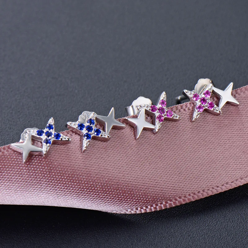 Ear Stud  Star Blue Pink Zircon , Fashion Cosmic Jewerly For Women,New Ts Trendy Gift in 925 Sterling Silver