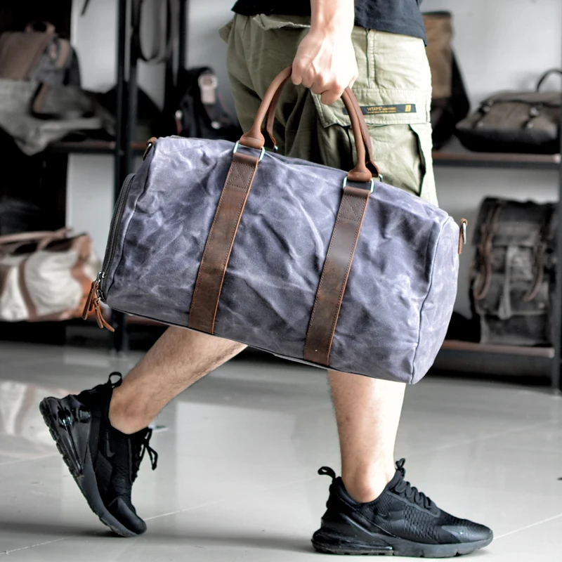 

Retro waxed canvas travel bag men's weekend bag large capacity gym bag with shoe compartment