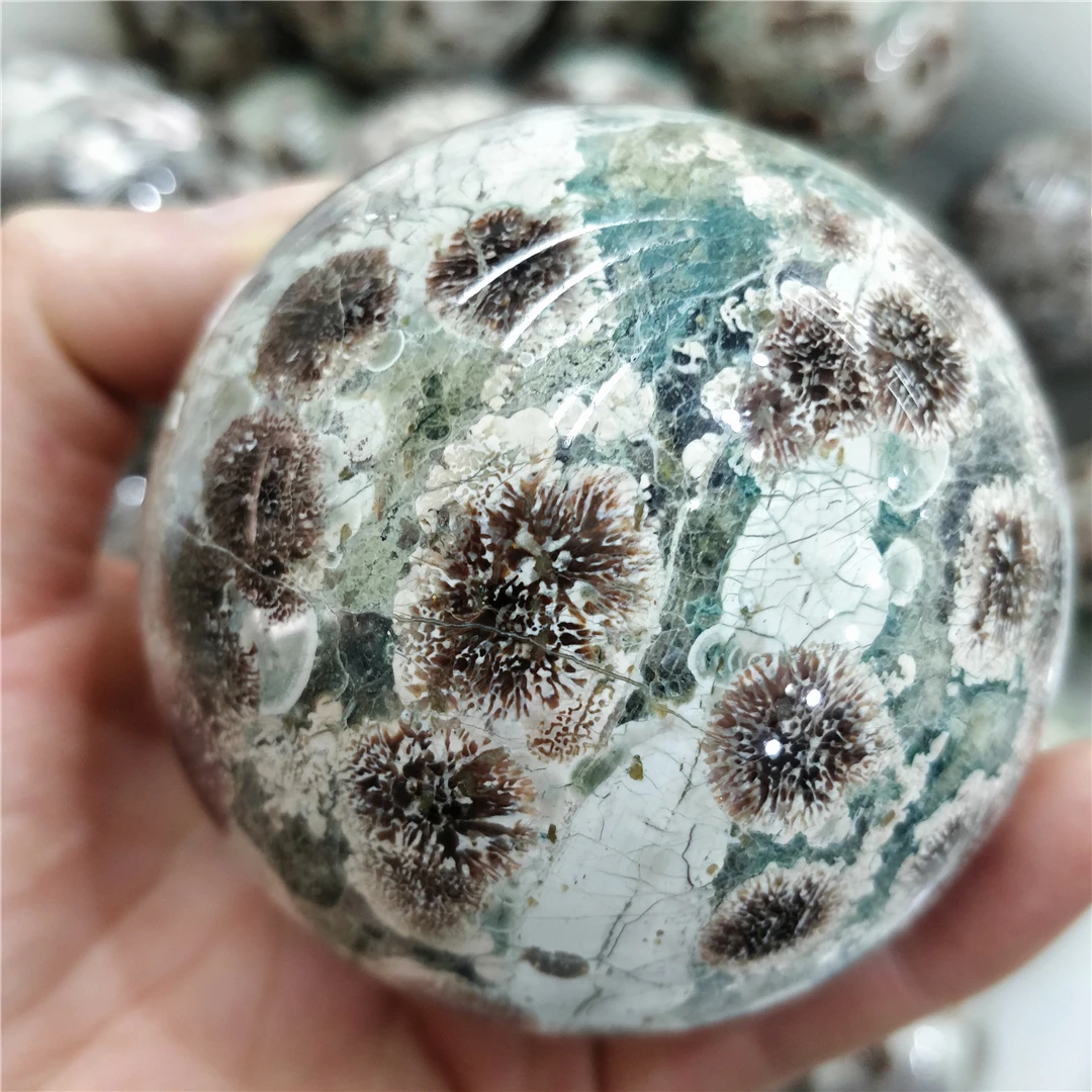 

New Arrival Green Flower Ball Stones Crystal Natural Fireworks Agate Sphere Vintage Ornament Indie Jewel Room Decor Interior