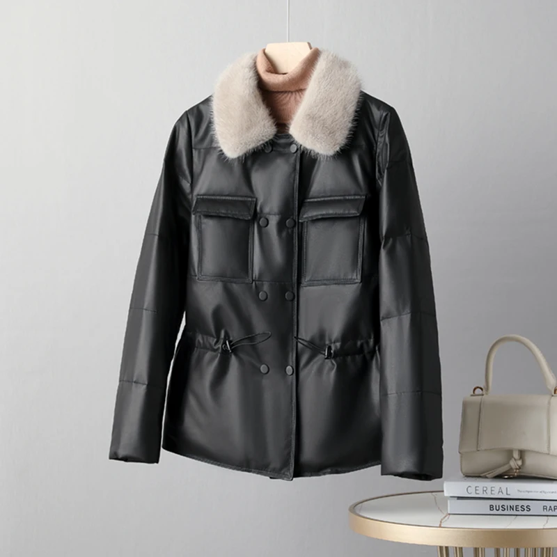 AYUNSUE ผู้หญิงลงเสื้อฤดูหนาวหนัง Sheepskin แท้2021ผู้หญิง Real Mink Fur Collar เสื้อ Lederjacke Damen 1222