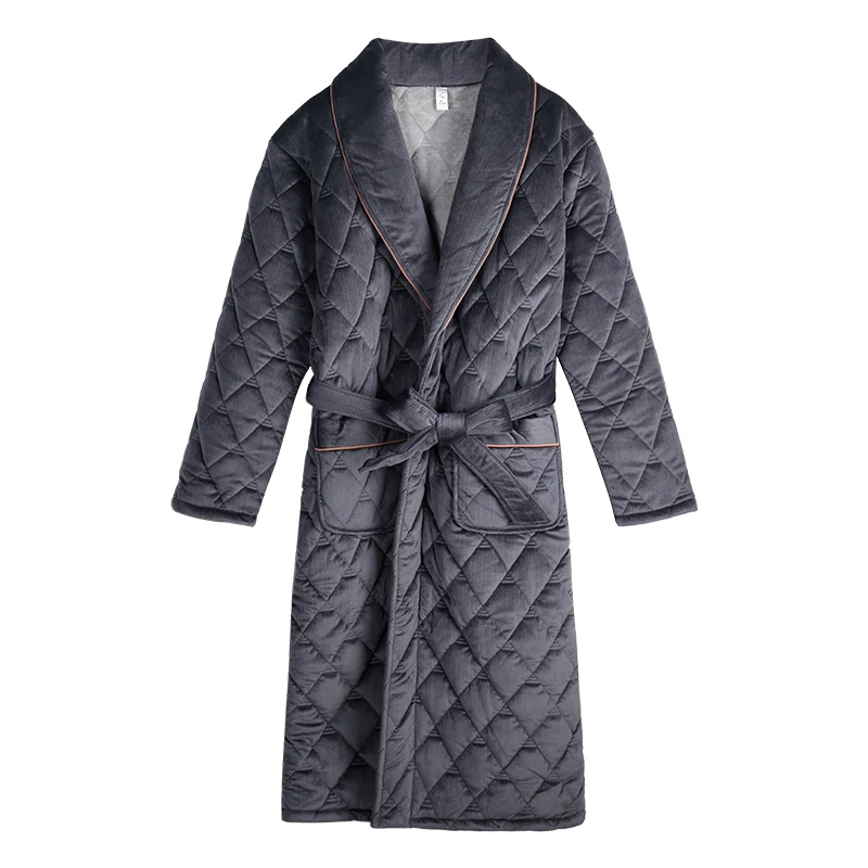 Winter 3 Layers Flannel Jacket Bath Robe Men Bathroom Bathrobe Quilted Pajama Thick Long Spa Robe Coral Fleece Shower Homewear