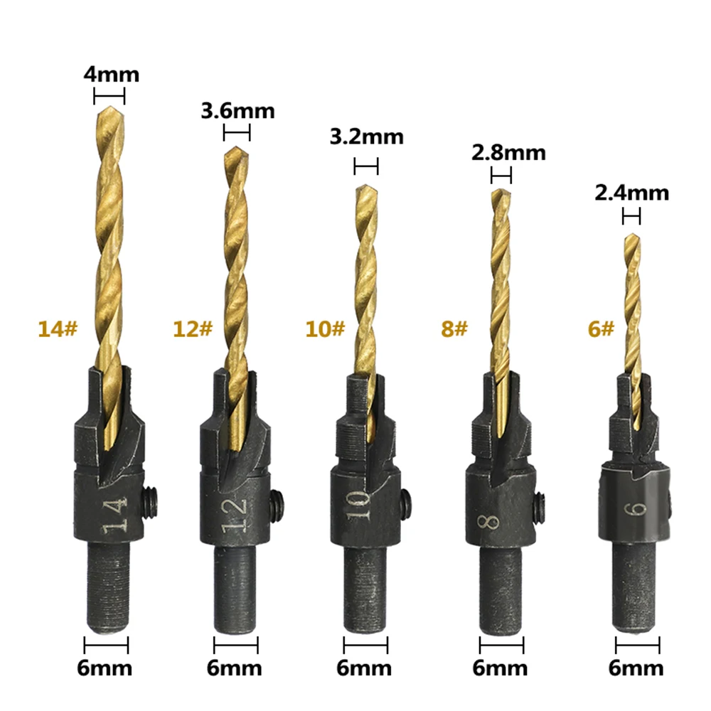 

6pcs Countersink Drill Bit Set Titanium Coated HSS Wood Hole Cutter Round Shank Twist #6#8#10#12#14