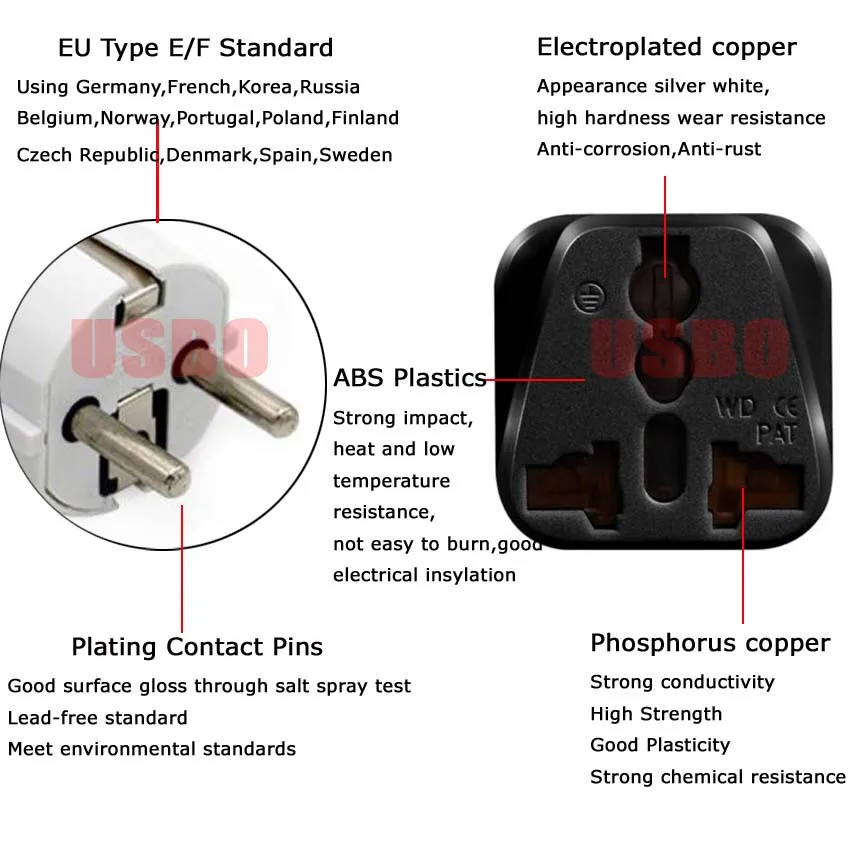 Wholesale CE 250v 16a India US UK AU swiss to eu Grounded Universal 2 in 1 Russia Germany french Schuko Plug Adapter Type E/F