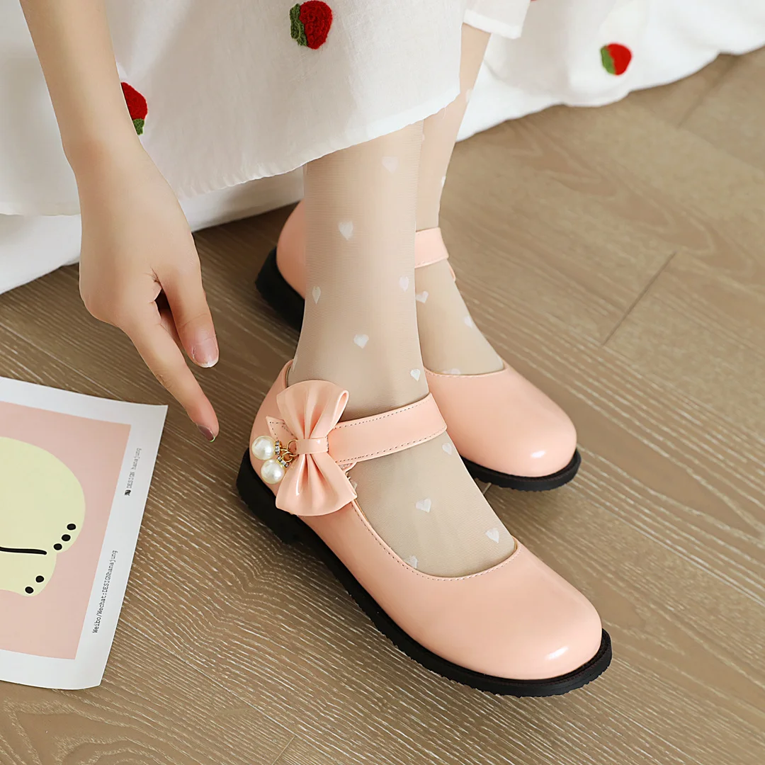 Fashion Pearl Bow Hook Loop Flat Heel Black Cosplay Lolita Mary Jane Shoes for Women Round Toe Ankle Strap Platform School Shoes