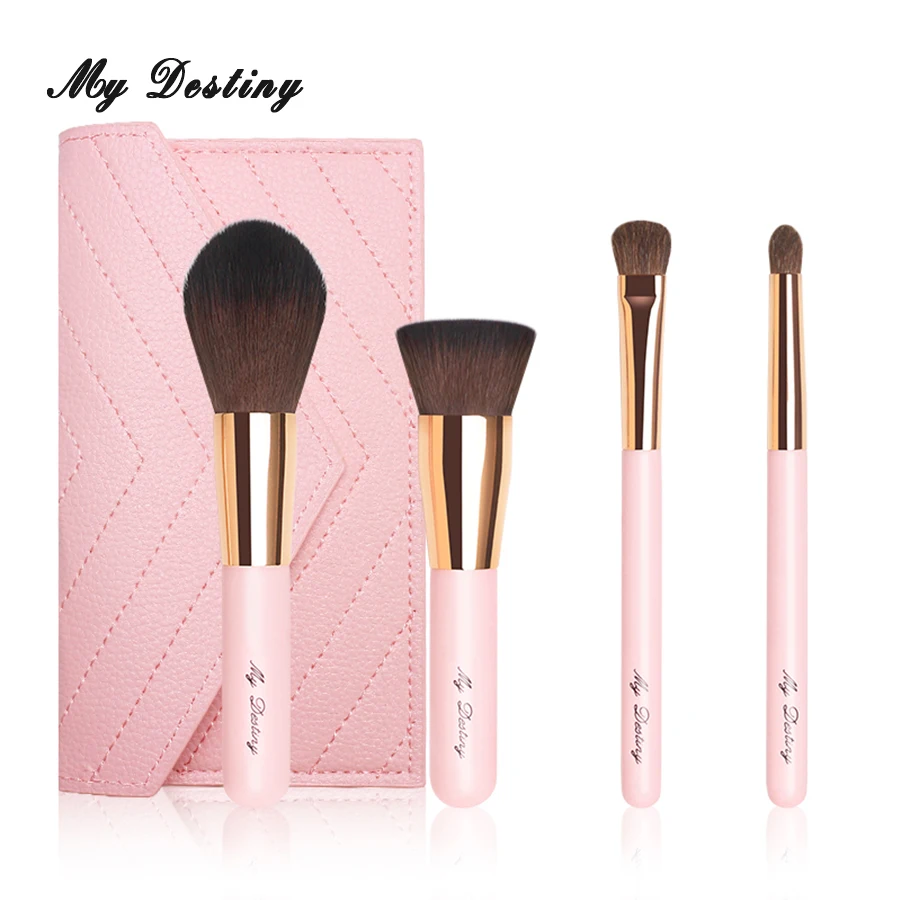 MyDestiny 4Pcs Portable Mini Pink Makeup Brushes Set-With Bag For Travelling-Foundation Powder Eyeshadow-Short Handle-Small Size