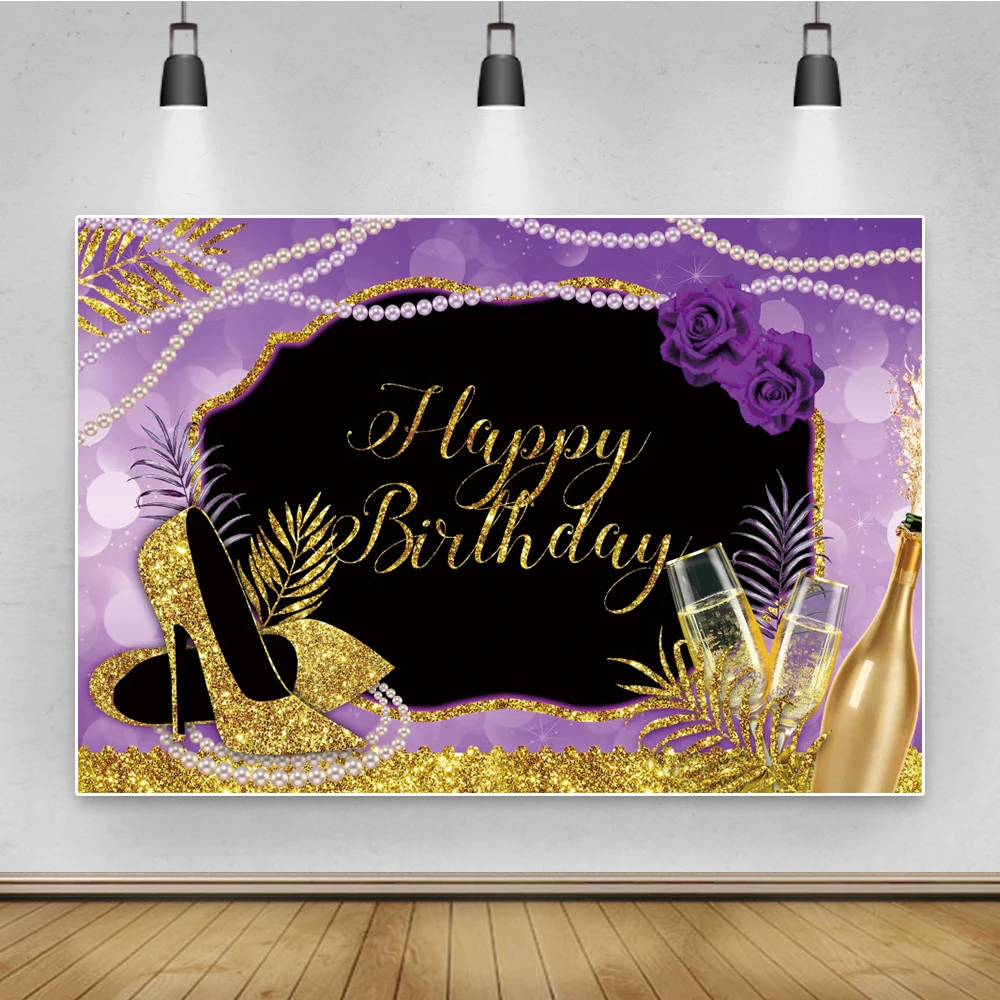 

Laeacco Gold Glitters Star Woman's Happy Birthday Party Backdrop Champagne Rose Flower Pearl Photography Background Photo Studio